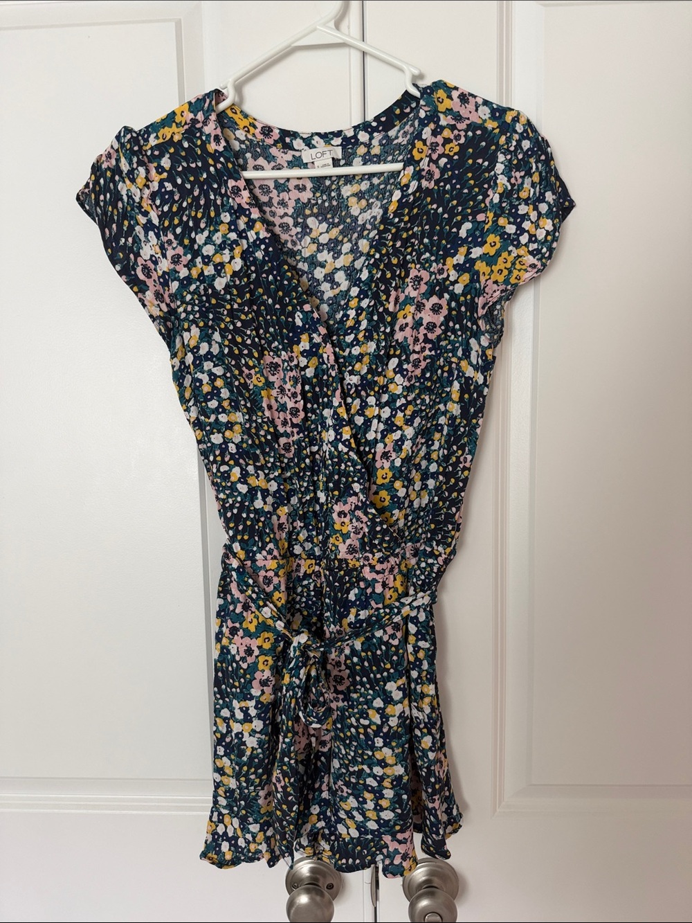 LOFT Navy Floral Wrap-Style Short-Sleeve Romper with Pink & Yellow Accents